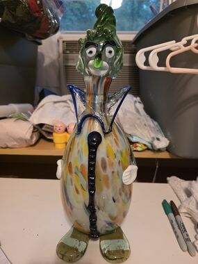 Murano Multicolor Art Glass Decanter with Green Head and Blue Accents